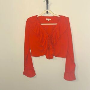 Gianni Bini Red Ruffle Long Sleeve Crop Top with Lace up Front and Medium